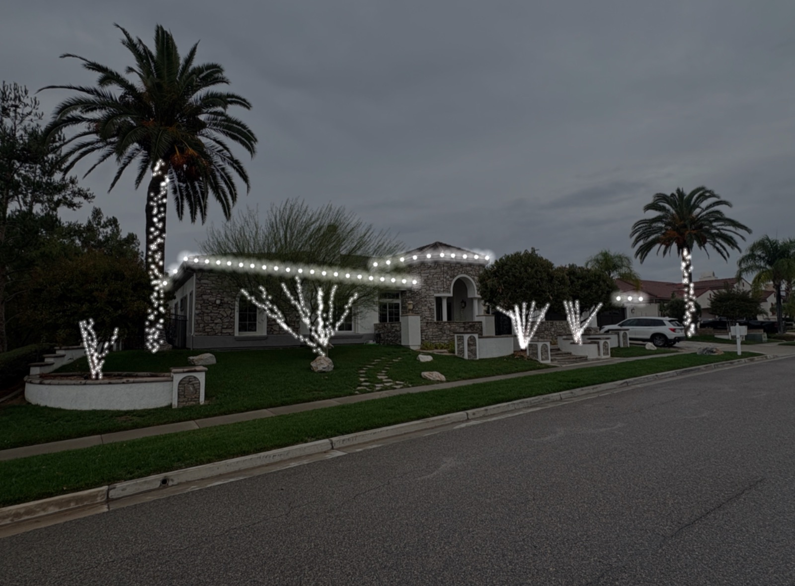 Low estate with palm wraps and warm-white roofline on an overcast day