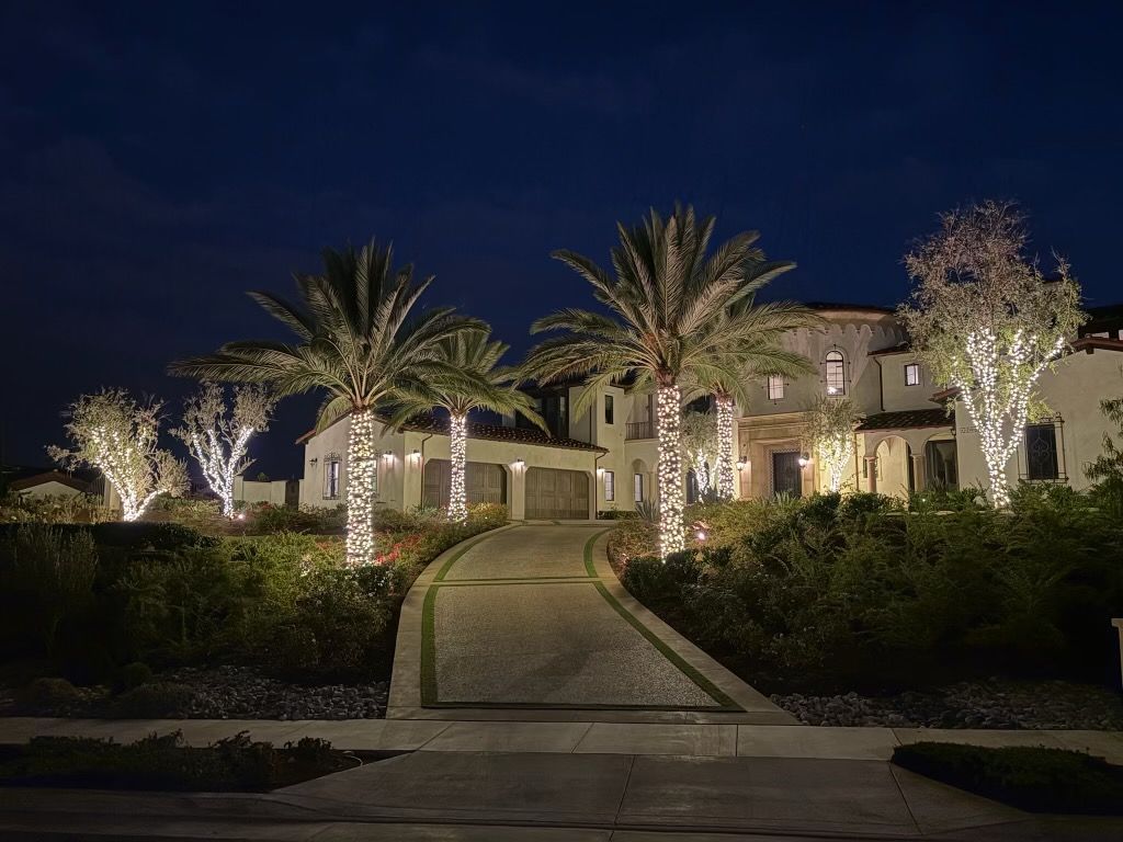 Warm-white palm and tree trunk wraps flanking a ribbon driveway at a Mediterranean estate — pure landscape lighting, no roofline